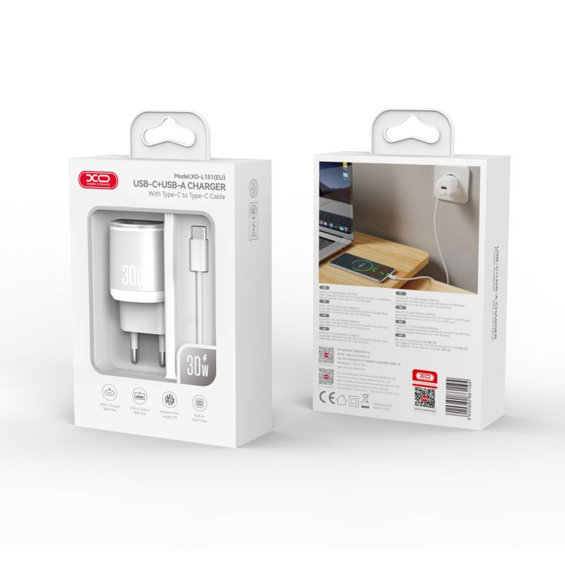 Caricabatterie da Rete con Cavo USB-C XO Design L151, 30W, 3A, 1 x USB-A - 1 x USB-C, Bianco