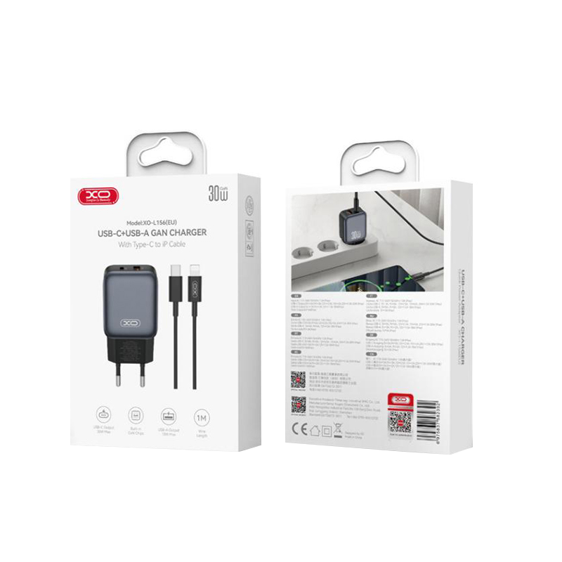 Network Charger with Lightning Cable XO Design L156, 30W, 3A, 1 x USB-A - 1 x USB-C, Black