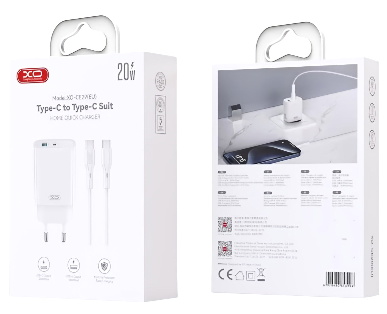 Caricabatterie da Rete con Cavo USB-C XO Design CE29, 20W, 3A, 1 x USB-A - 1 x USB-C, Bianco
