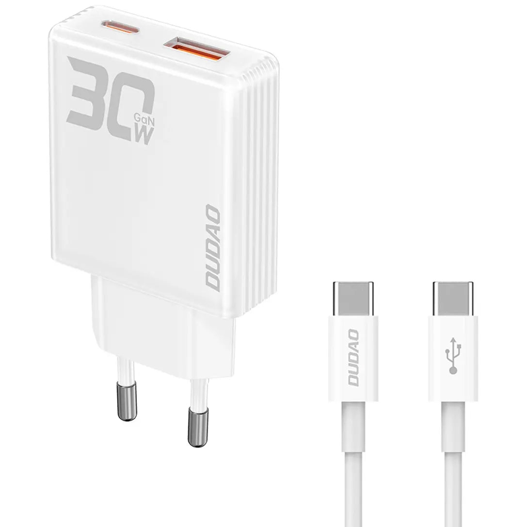 Dudao A30EUT Caricatore di rete con cavo USB-C, 30W, 3A, 1 x USB-A - 1 x USB-C, bianco