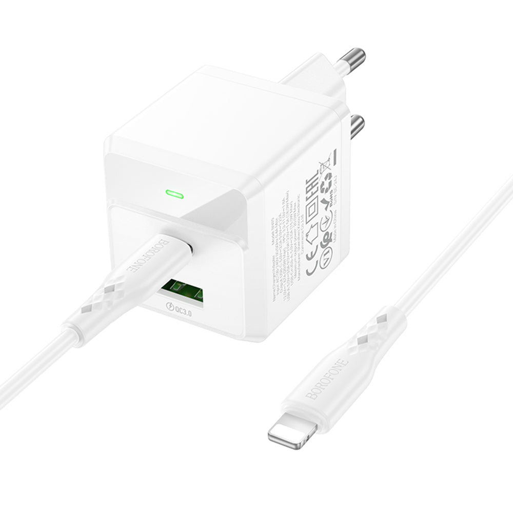 Caricabatterie da Rete con Cavo Lightning Borofone BN19 Intenso, 20W, 3A, 1 x USB-A - 1 x USB-C, Bianco
