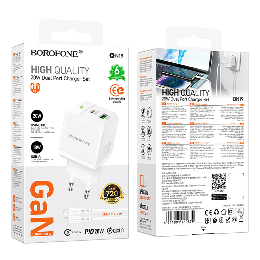 Caricabatterie da Rete con Cavo Lightning Borofone BN19 Intenso, 20W, 3A, 1 x USB-A - 1 x USB-C, Bianco