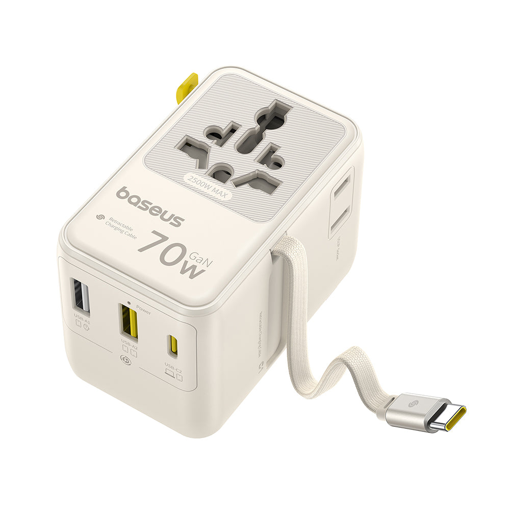 Caricatore da rete con cavo USB-C Baseus Travel EnerCore CG11, 70W, 2 x Presa - 1 x USB-C - 2 x USB-A, Bianco E0307E01