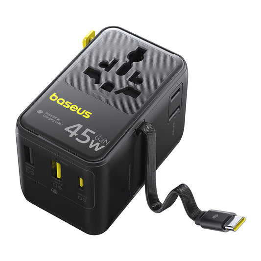 Caricatore da rete con cavo USB-C Baseus Travel PicoGo AG11, 45W, 2 x Presa - 1 x USB-C - 2 x USB-A, Nero E0307F00