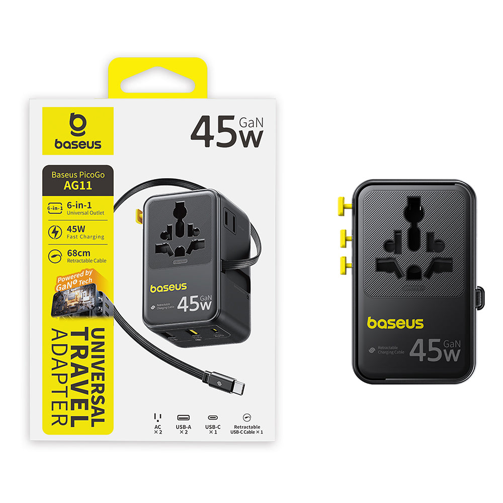 Caricatore da rete con cavo USB-C Baseus Travel PicoGo AG11, 45W, 2 x Presa - 1 x USB-C - 2 x USB-A, Nero E0307F00