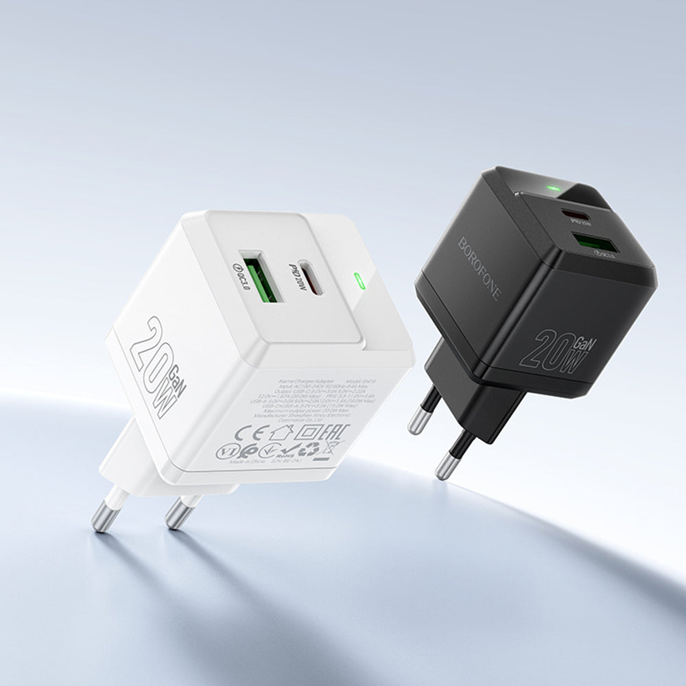 Caricabatterie Rete con Cavo USB-C Borofone BN19 Intenso, 20W, 3A, 1 x USB-A - 1 x USB-C, Bianco