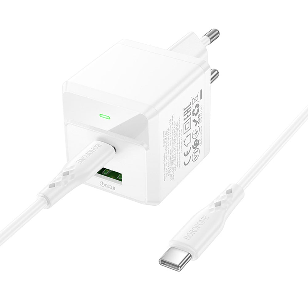 Caricabatterie Rete con Cavo USB-C Borofone BN19 Intenso, 20W, 3A, 1 x USB-A - 1 x USB-C, Bianco