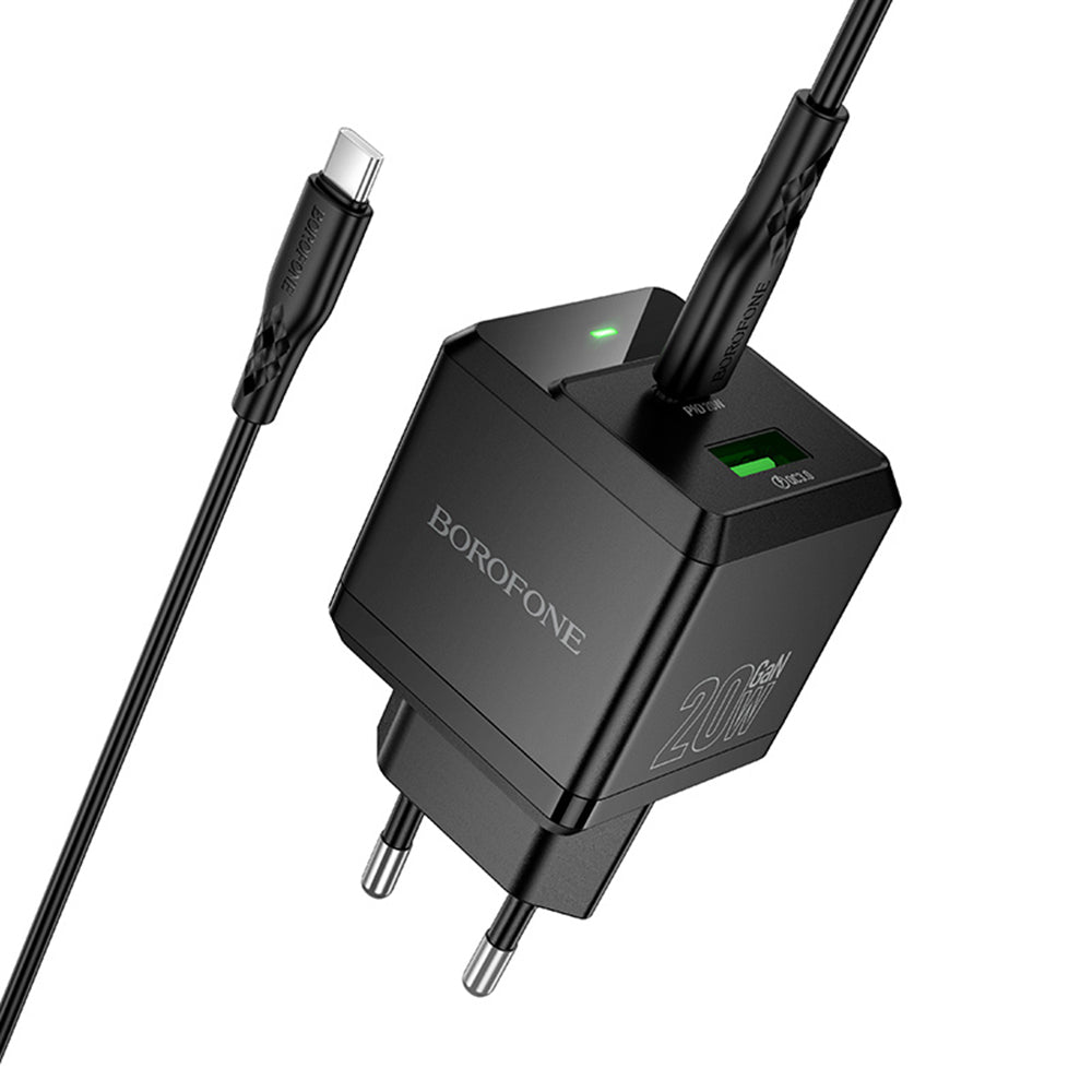 Caricabatterie da Rete con Cavo USB-C Borofone BN19 Intenso, 20W, 3A, 1 x USB-A - 1 x USB-C, Nero