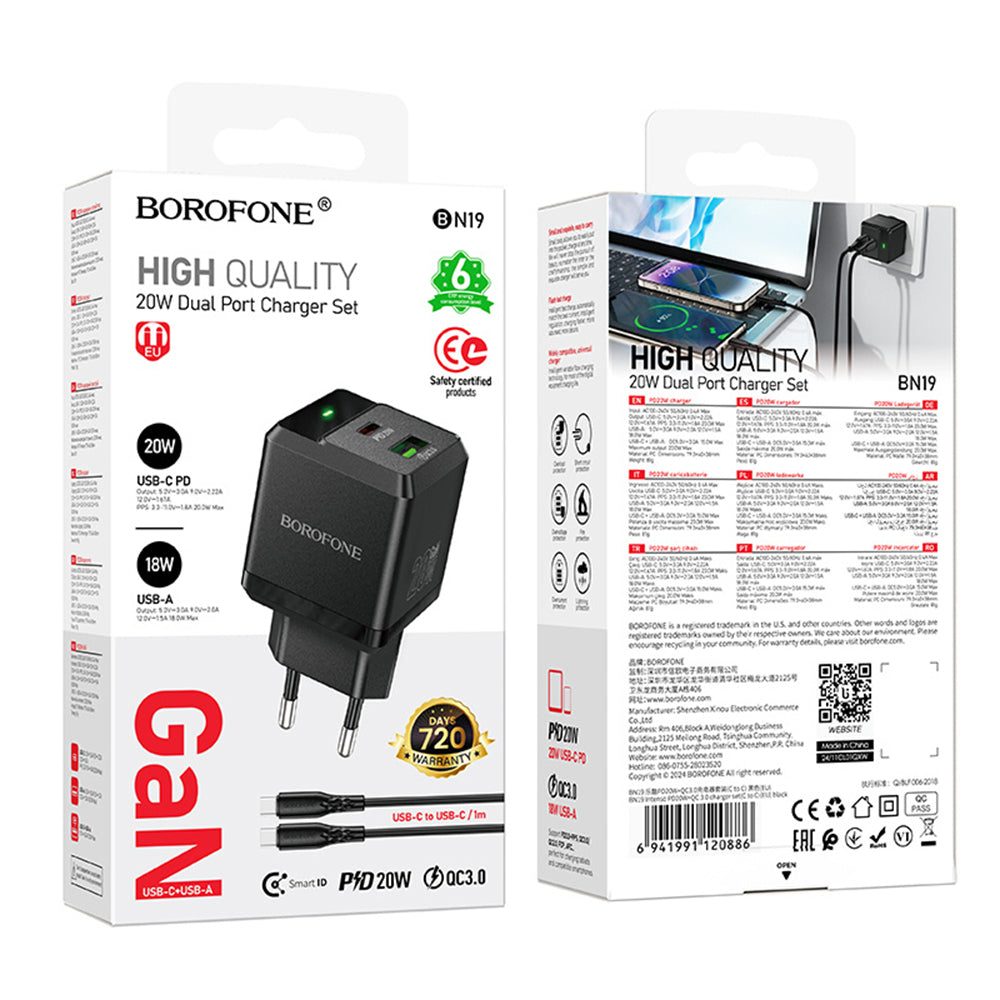 Caricabatterie da Rete con Cavo USB-C Borofone BN19 Intenso, 20W, 3A, 1 x USB-A - 1 x USB-C, Nero
