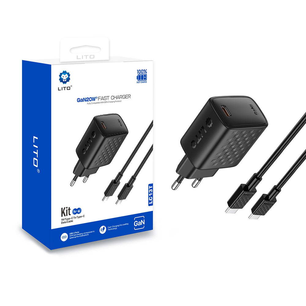 Caricabatterie da Rete con Cavo USB-C Lito LC13T, 20W, 3A, 1 x USB-C, Nero