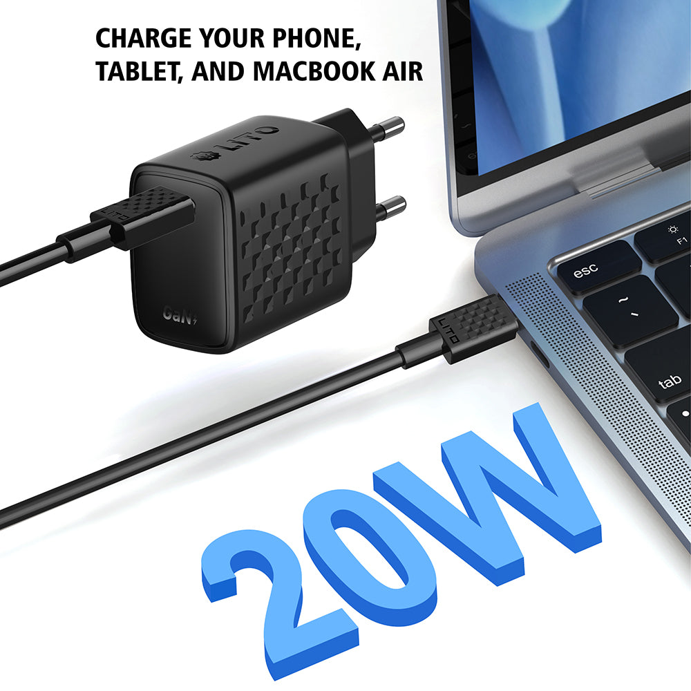 Caricabatterie da Rete con Cavo USB-C Lito LC13T, 20W, 3A, 1 x USB-C, Nero
