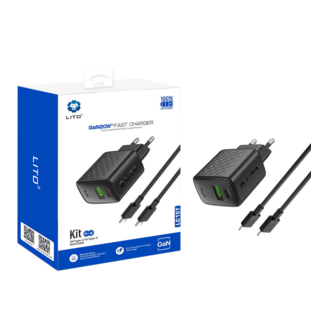 Caricabatterie Rete con Cavo USB-C Lito LC15T, 20W, 3A, 1 x USB-A - 1 x USB-C, Nero