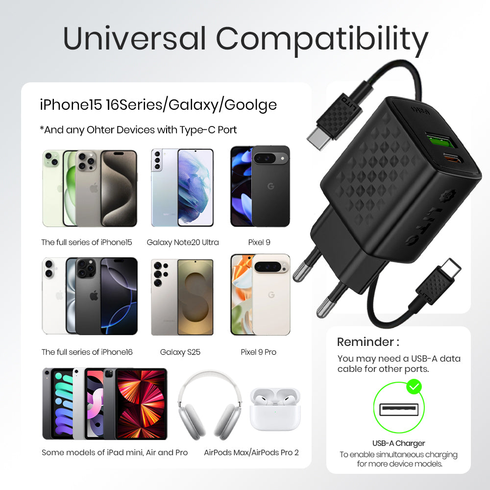 Caricabatterie Rete con Cavo USB-C Lito LC15T, 20W, 3A, 1 x USB-A - 1 x USB-C, Nero