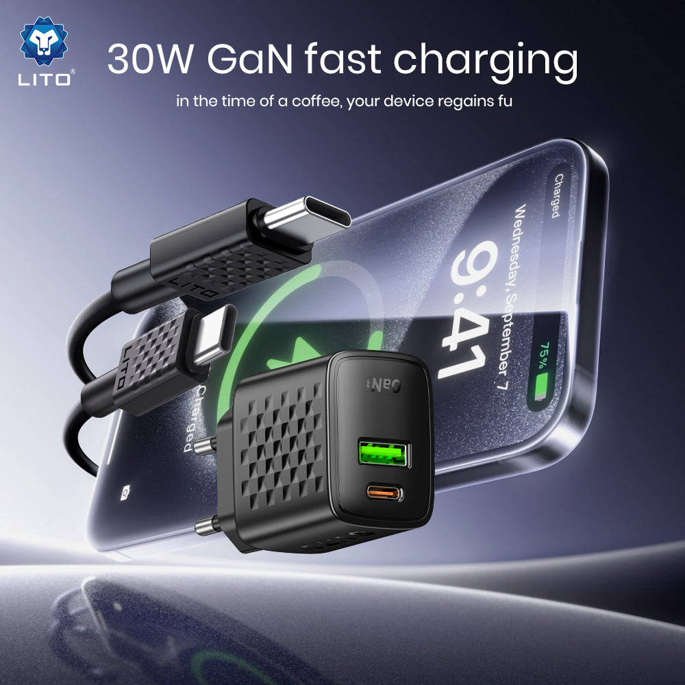 Caricabatterie Rete Con Cavo USB-C Lito LC19T, 30W, 3A, 1 x USB-A - 1 x USB-C, Nero