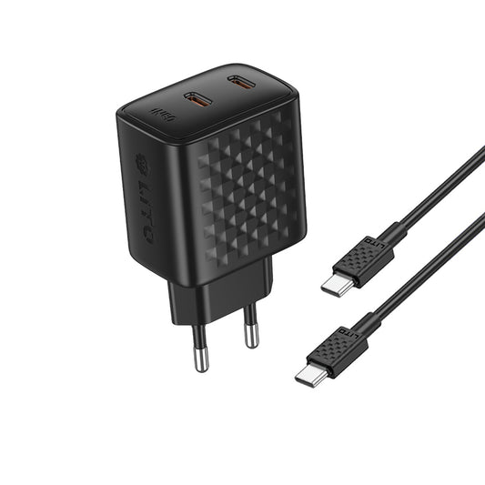 Caricabatterie da Rete con Cavo USB-C Lito LC22T, 45W, 3A, 2 x USB-C, Nero