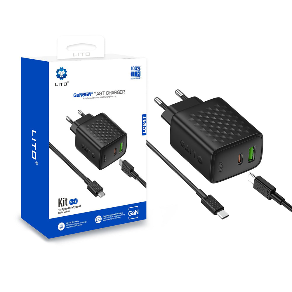 Caricabatterie Rete con Cavo USB-C Lito LC24T, 65W, 3.25A, 1 x USB-A - 1 x USB-C, Nero