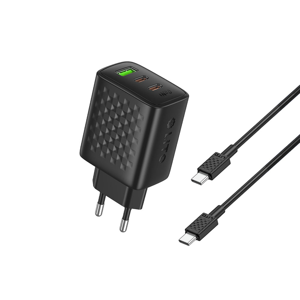 Caricabatterie Rete con Cavo USB-C Lito LC25T, 65W, 3.25A, 1 x USB-A - 2 x USB-C, Nero