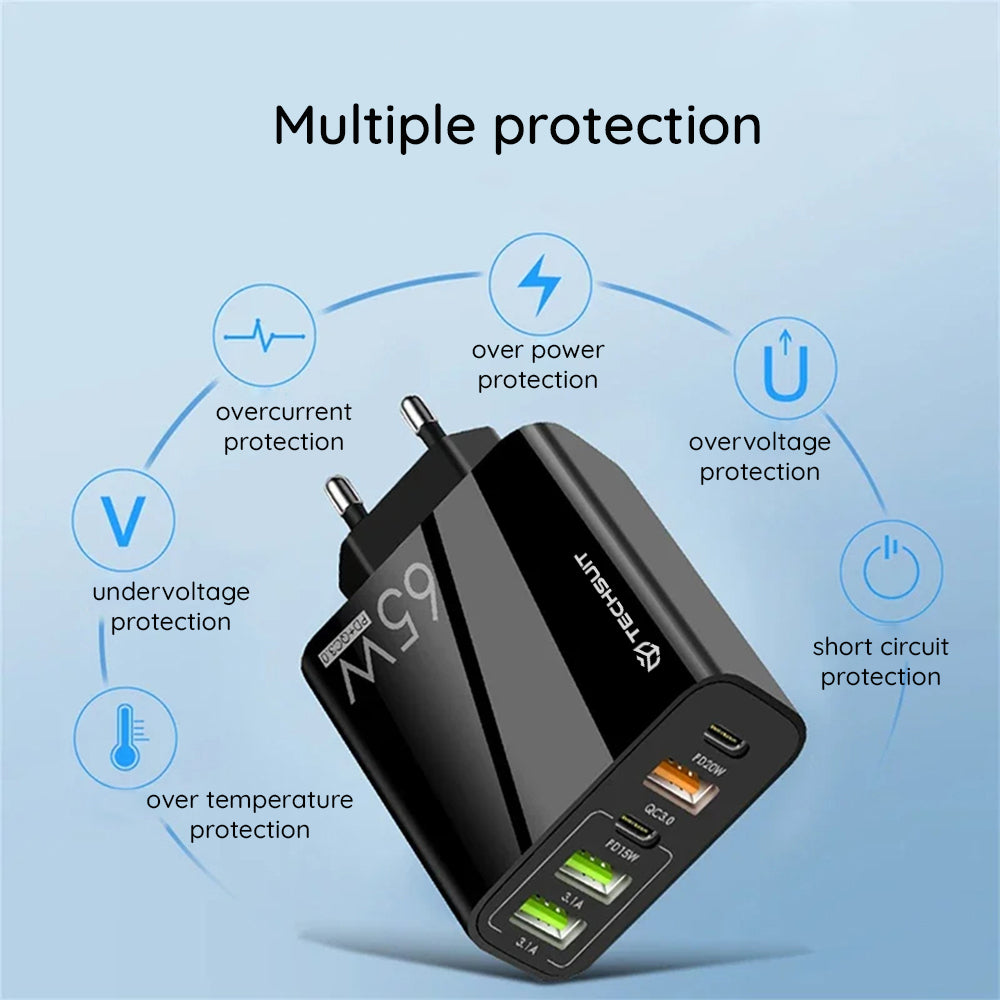 Caricabatterie Rete con Cavo USB-C Techsuit CHC2 PentaXPower, 20W, 3A, 3 x USB-A - 2 x USB-C, Nero