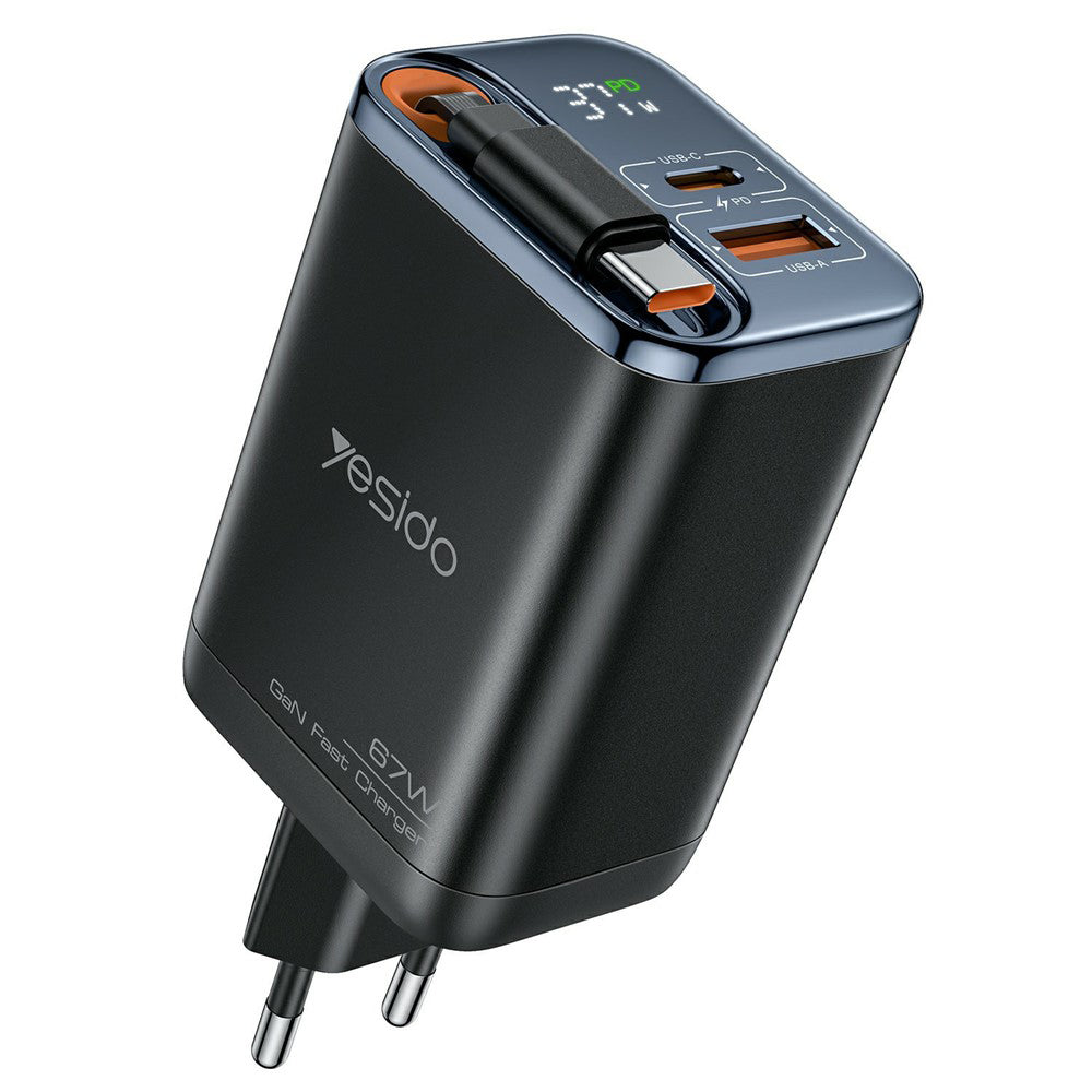 Yesido YC100 Display USB-C Network Charger with Cable, 67W, 3.35A, 1 x USB-A - 1 x USB-C, Black