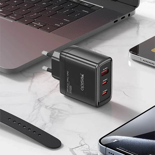 Caricabatterie da rete con cavo USB-C Yesido YC144C, 65W, 3.25A, 1 x USB-A - 2 x USB-C, Nero