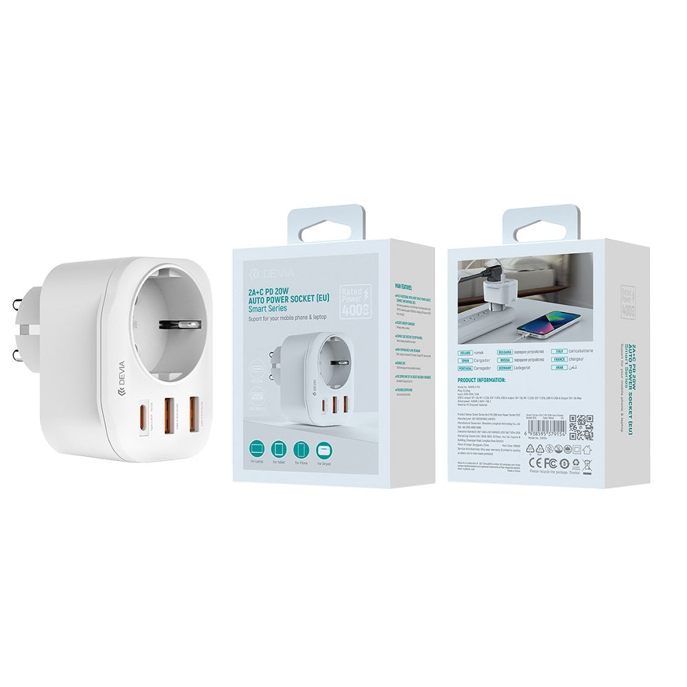 Caricabatterie Rete DEVIA WW09-F-PD, 20W, 3A, 2 x USB-A - 1 x USB-C - 1 x Schuko, Bianco
