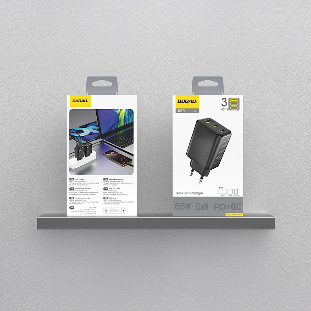 Caricabatterie Rete Dudao A29, 65W, 1 x USB-A - 2 x USB-C, Nero