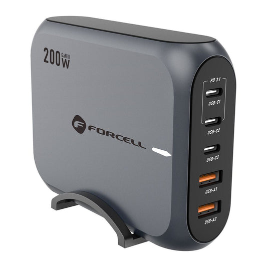 Caricabatterie di rete Forcell F-ENERGY GaN III VT-51, 200W, 5A, 2 x USB-A - 3 x USB-C, grigio