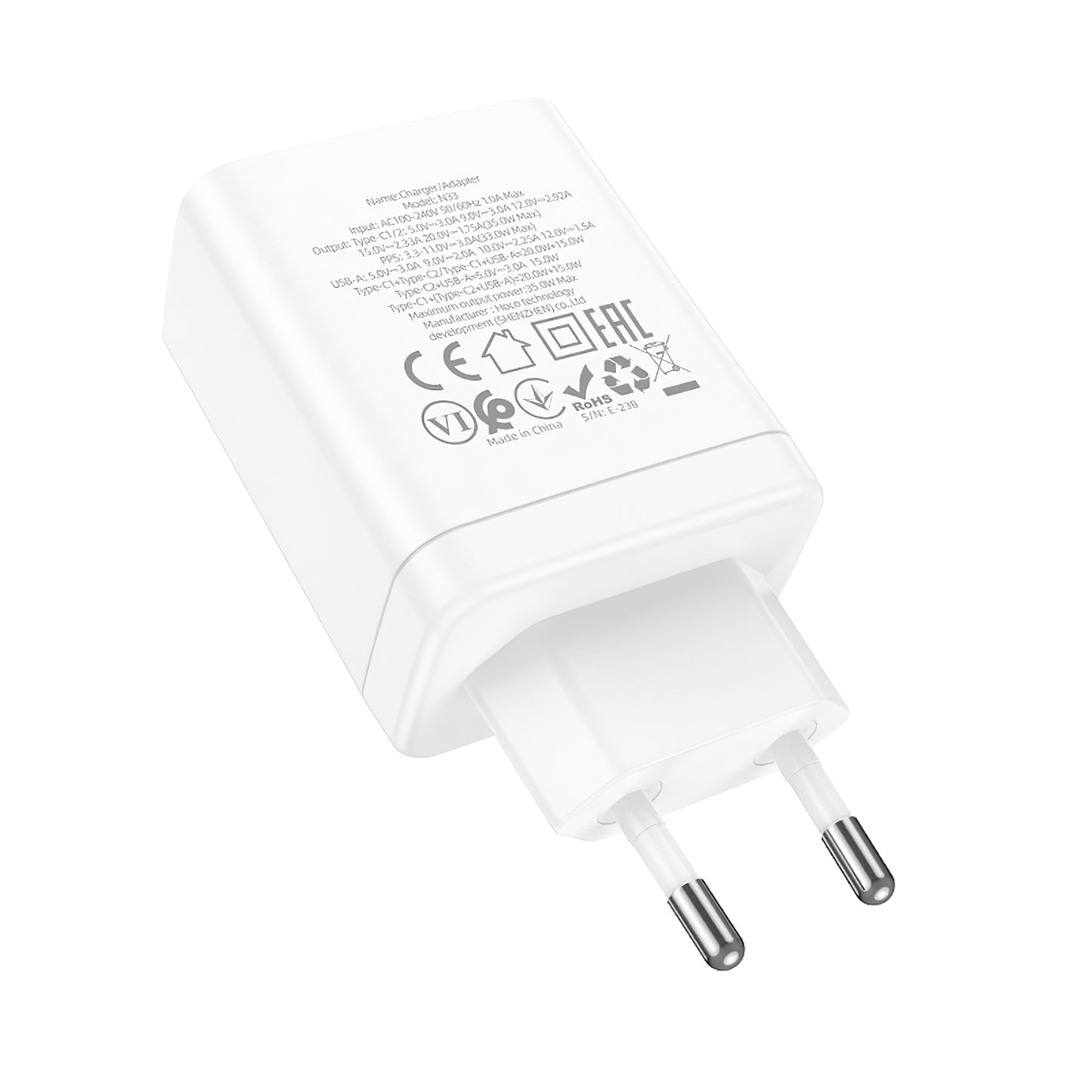 Caricabatterie di rete HOCO N33, 35W, 3A, 1 x USB-A - 2 x USB-C, bianco