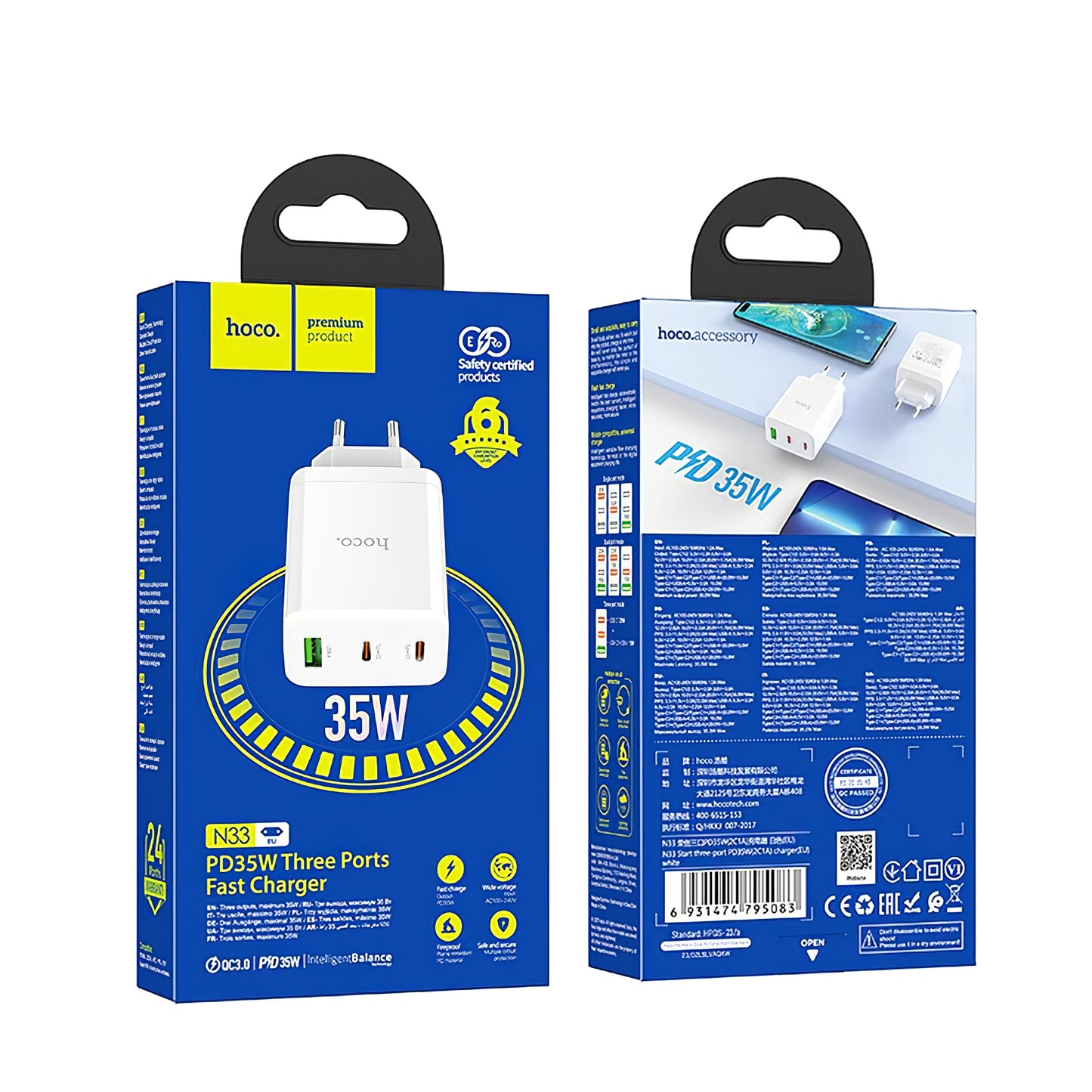 Caricabatterie di rete HOCO N33, 35W, 3A, 1 x USB-A - 2 x USB-C, bianco