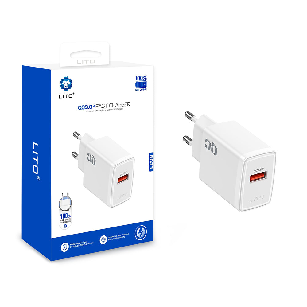 Caricabatterie da Rete Lito LC08, 18W, 3A, 1 x USB-A, Bianco