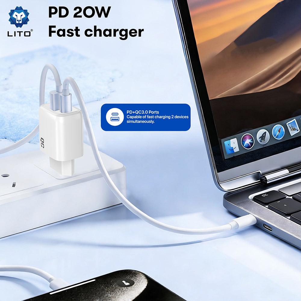 Caricabatterie Retea Lito LC28, 20W, 3A, 1 x USB-A - 1 x USB-C, Bianco