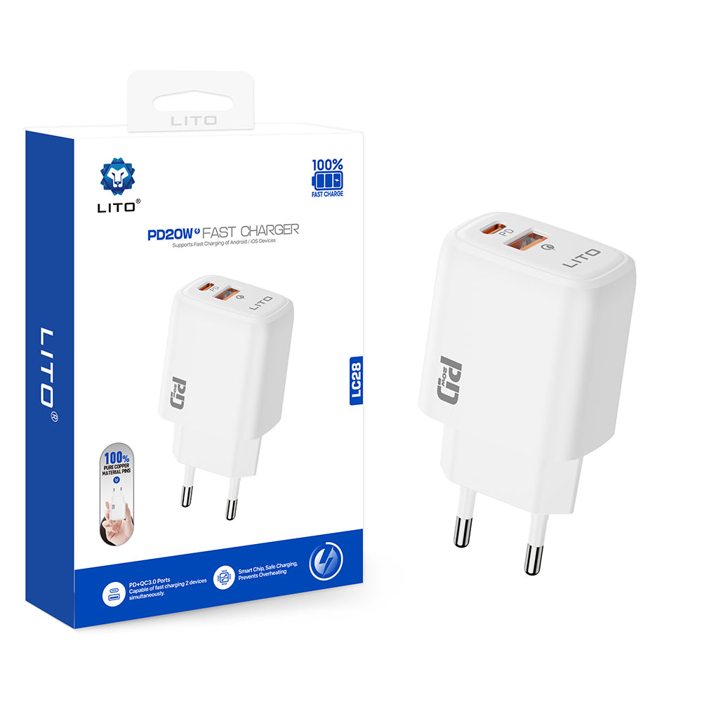 Caricabatterie Retea Lito LC28, 20W, 3A, 1 x USB-A - 1 x USB-C, Bianco