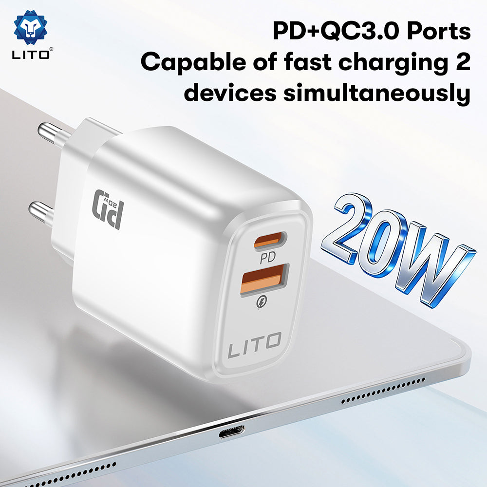 Caricabatterie Retea Lito LC28, 20W, 3A, 1 x USB-A - 1 x USB-C, Bianco
