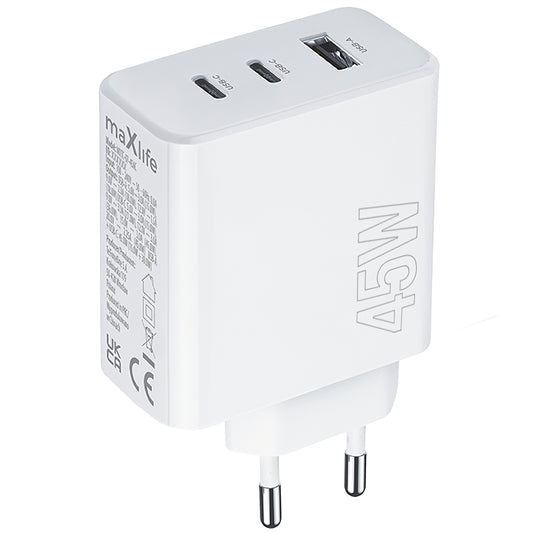 Caricabatterie di rete MaXlife MXTC-07-45ACC, 45W, 3A, 1 x USB-A - 2 x USB-C, bianco