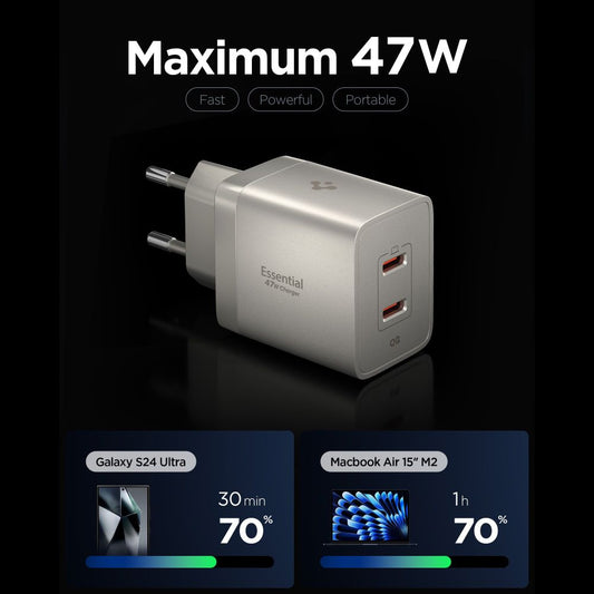 Caricatore da rete Spigen EE472EU Essential, 47W, 3A, 2 x USB-C, Grigio Titanio ACH10451