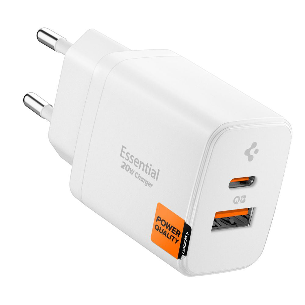 Caricabatterie Rete Spigen Essential, 20W, 3A, 1 x USB-A - 1 x USB-C, Bianco