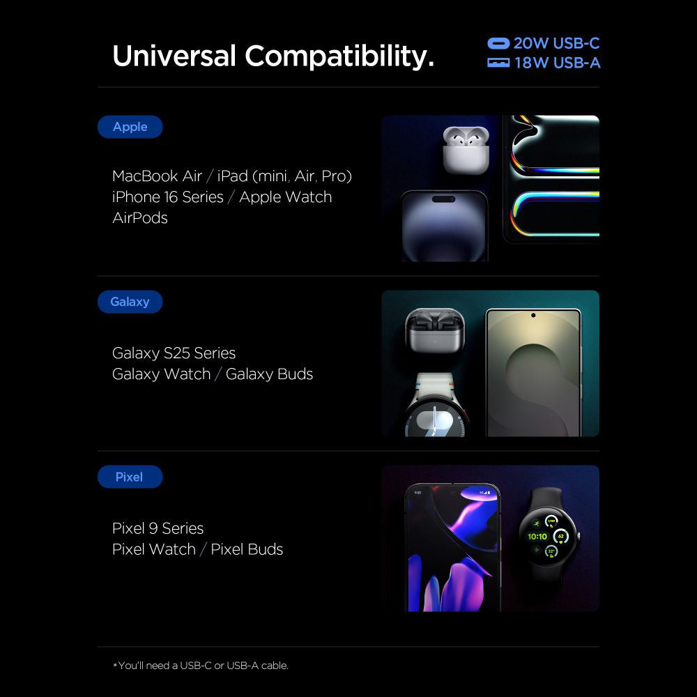 Caricabatterie Rete Spigen Essential, 20W, 3A, 1 x USB-A - 1 x USB-C, Bianco