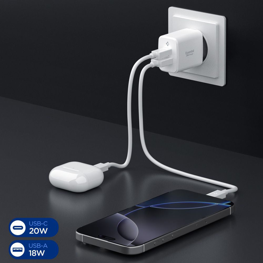 Caricabatterie Rete Spigen Essential, 20W, 3A, 1 x USB-A - 1 x USB-C, Bianco