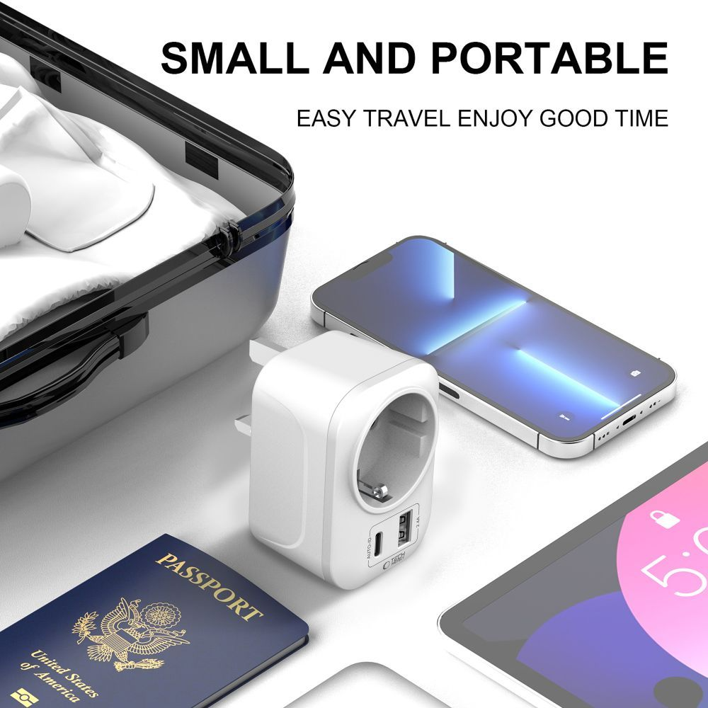 Caricabatterie Retea Tech-Protect TA100 Travel UK, 20W, 3A, 1 x Schuko - 1 x USB-A - 1 x USB-C, Bianco