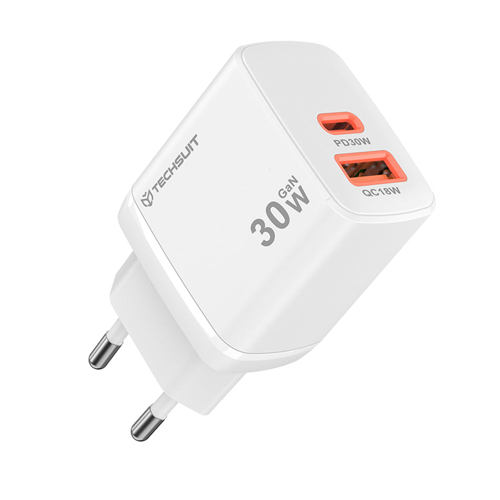 Caricabatterie Retea Techsuit CH1 Duonix, 30W, 3A, 1 x USB-A - 1 x USB-C, Bianco
