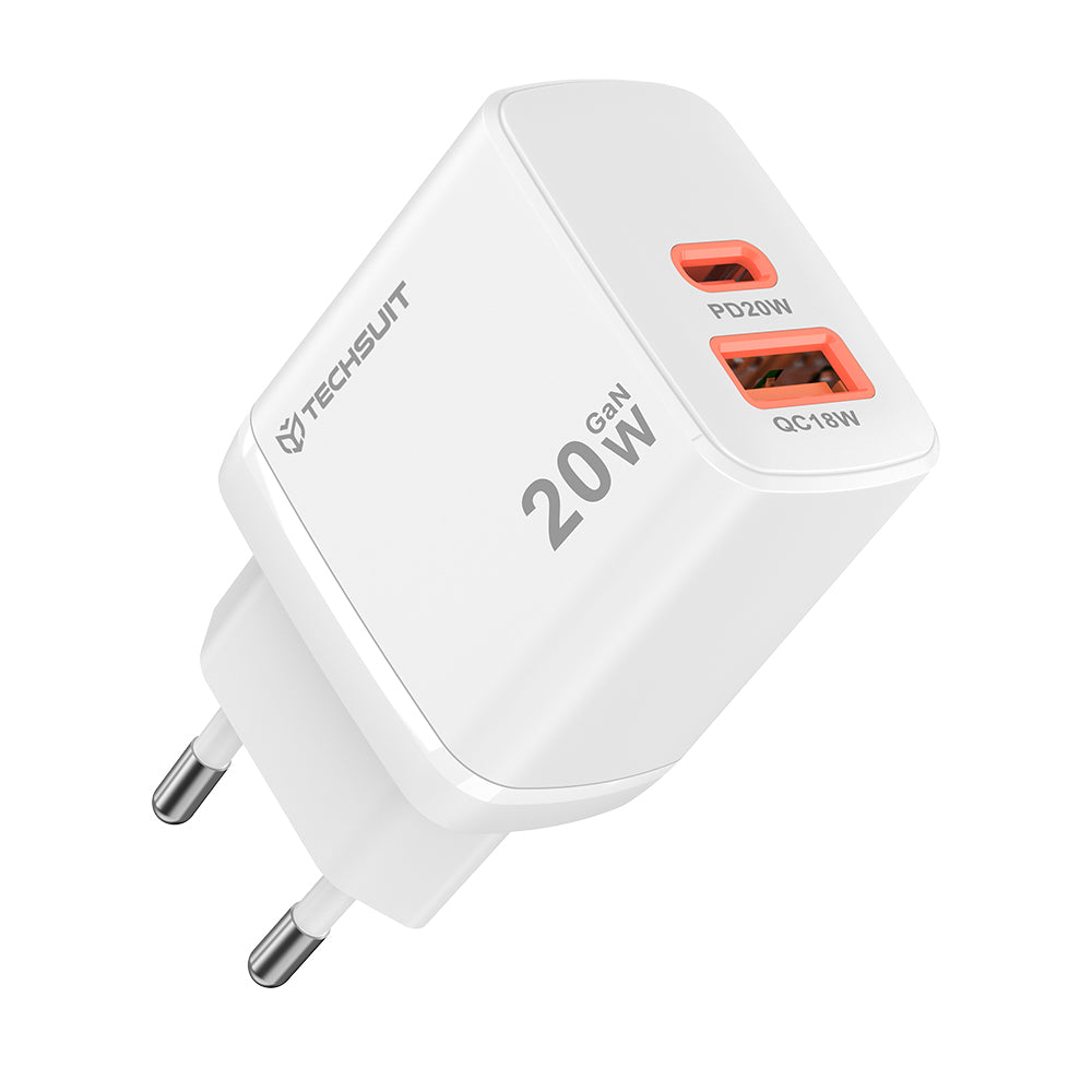 Caricabatterie Retea Techsuit CH2 Duonix, 20W, 3A, 1 x USB-A - 1 x USB-C, Bianco