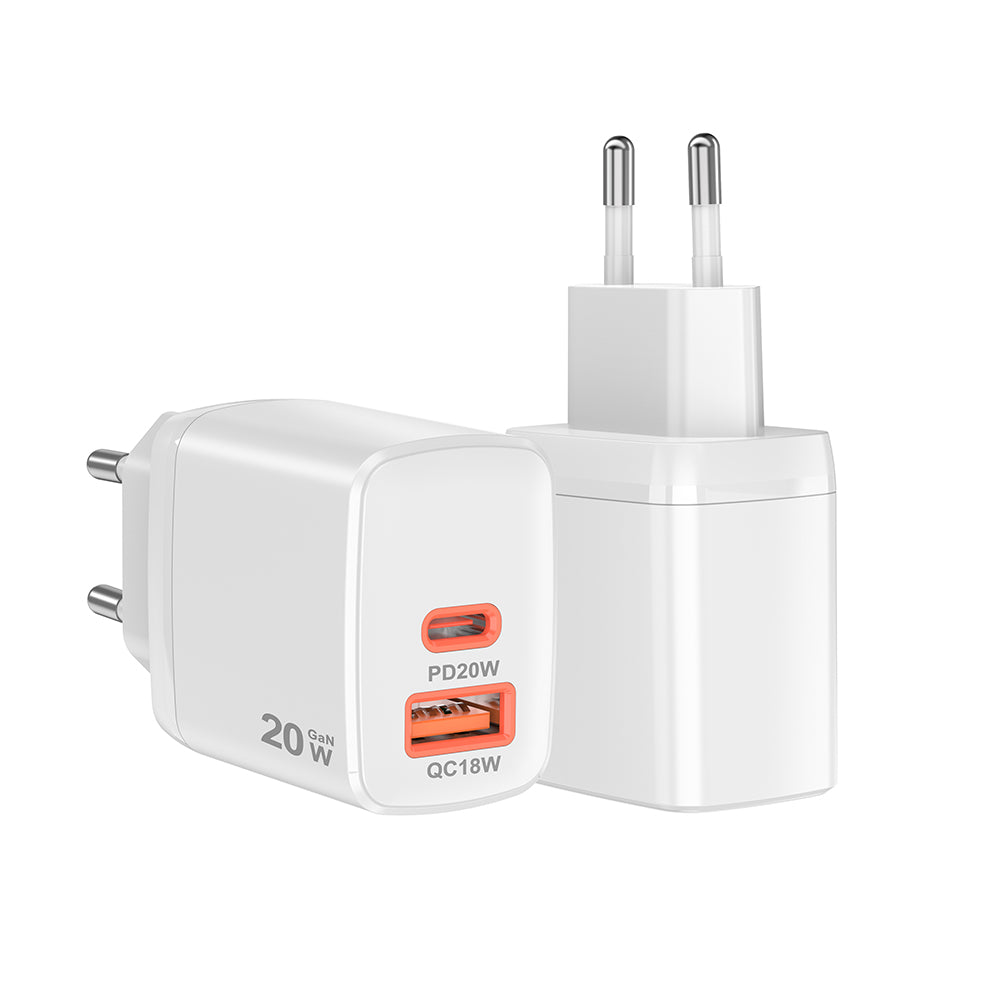 Caricabatterie Retea Techsuit CH2 Duonix, 20W, 3A, 1 x USB-A - 1 x USB-C, Bianco
