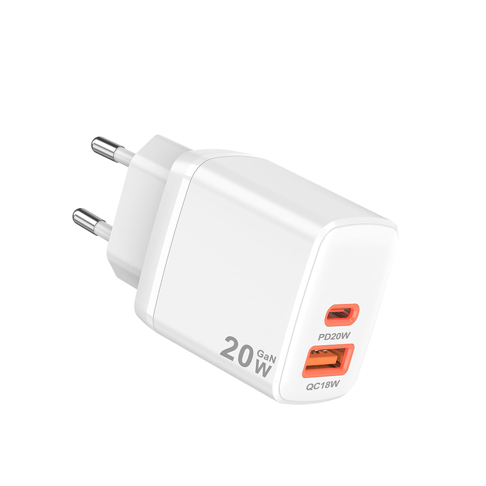 Caricabatterie Retea Techsuit CH2 Duonix, 20W, 3A, 1 x USB-A - 1 x USB-C, Bianco