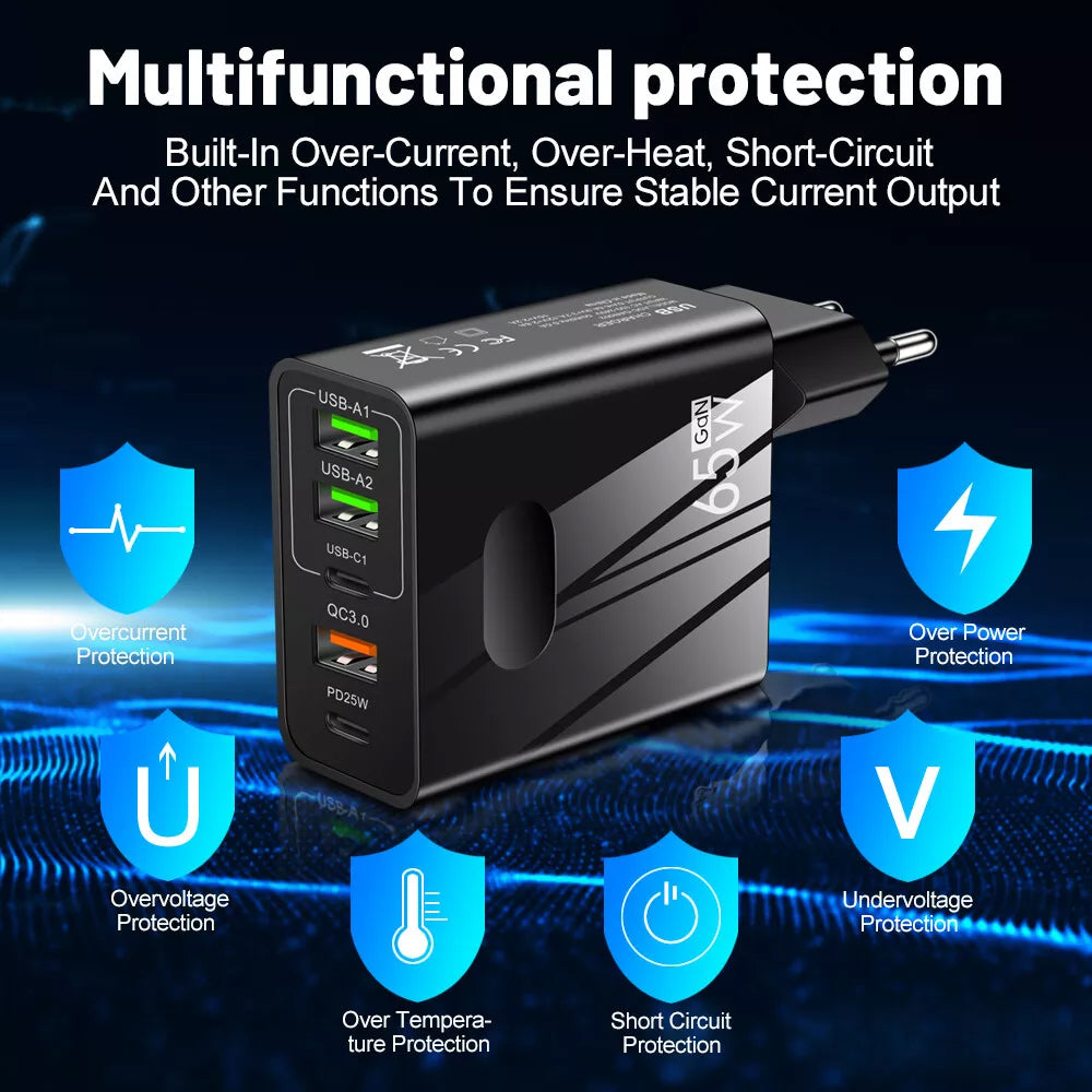 Caricabatterie Rete Techsuit CHC1 PentaXPower, 25W, 3A, 3 x USB-A - 2 x USB-C, Nero