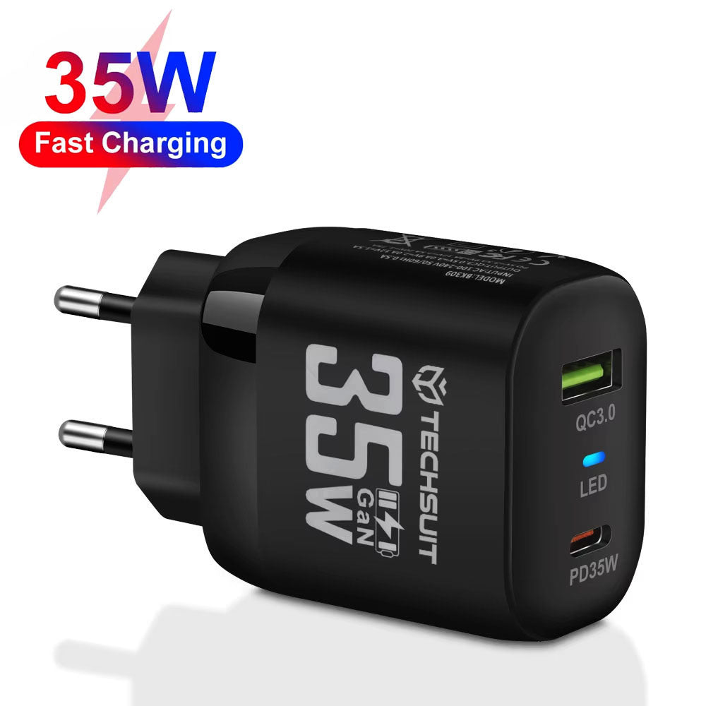 Caricabatterie Rete Techsuit CHPD174, 35W, 3A, 1 x USB-A - 1 x USB-C, Nero