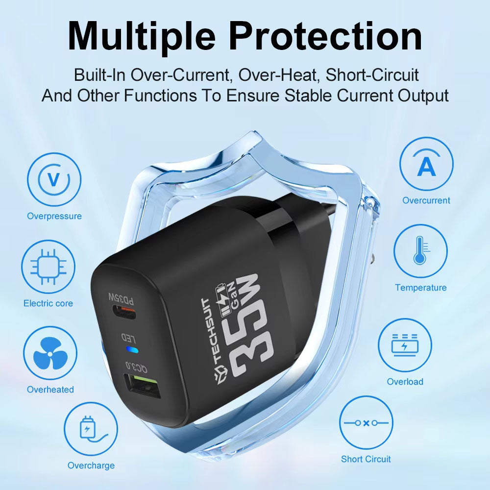 Caricabatterie Rete Techsuit CHPD174, 35W, 3A, 1 x USB-A - 1 x USB-C, Nero