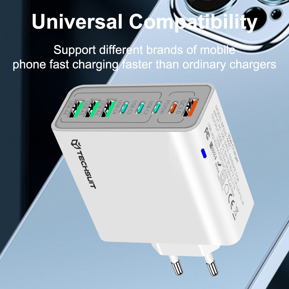 Caricabatterie Retea Techsuit CHPD224, 65W, 3.25A, 4 x USB-A - 4 x USB-C, Bianco