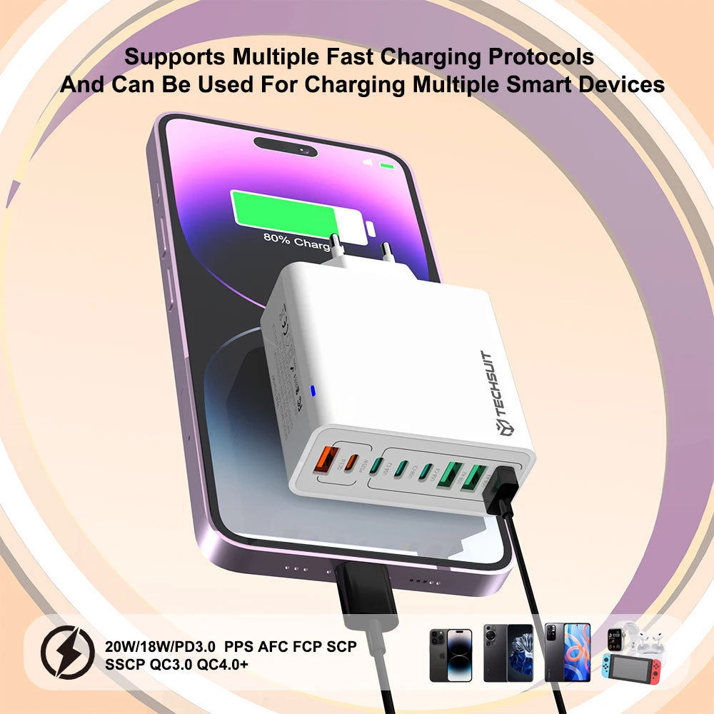 Caricabatterie Retea Techsuit CHPD224, 65W, 3.25A, 4 x USB-A - 4 x USB-C, Bianco
