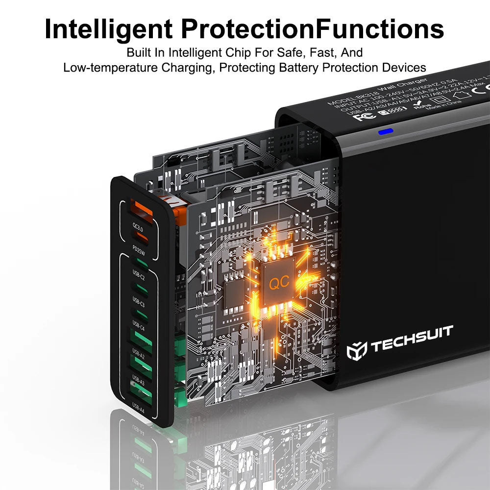 Caricabatterie Retea Techsuit CHPD224, 65W, 3.25A, 4 x USB-A - 4 x USB-C, Nero