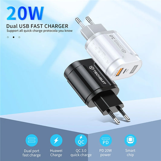 Caricabatterie Retea Techsuit Premium, 20W, 3A, 1 x USB-A - 1 x USB-C, Bianco